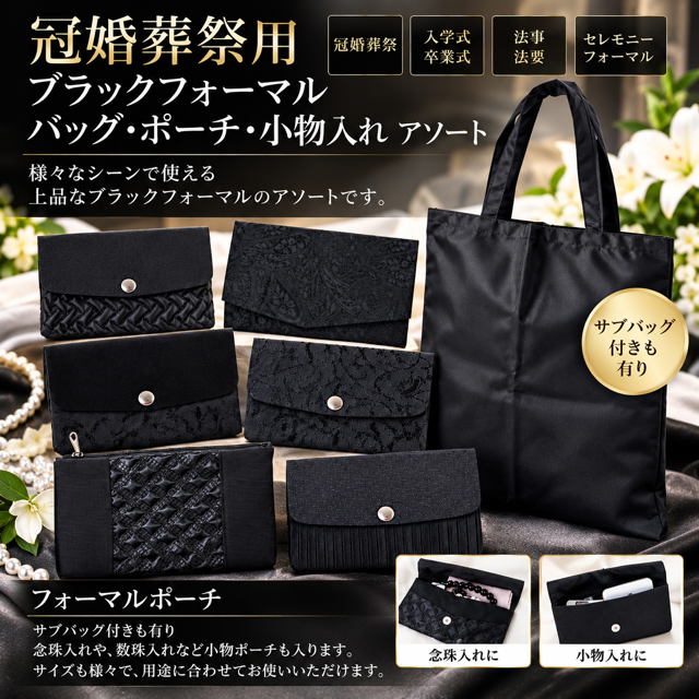 38個のみ★日本製冠婚葬祭用ブラックフォーマルポーチなどRS-60