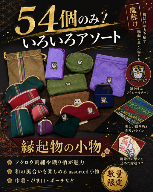 54個のみ！日本製　縁起物の小物色々アソートRS-45　刺繍部分もとても綺麗です！