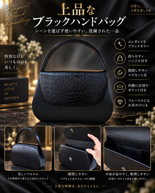 23個のみ★日本製上品なブラックハンドバッグKB-14