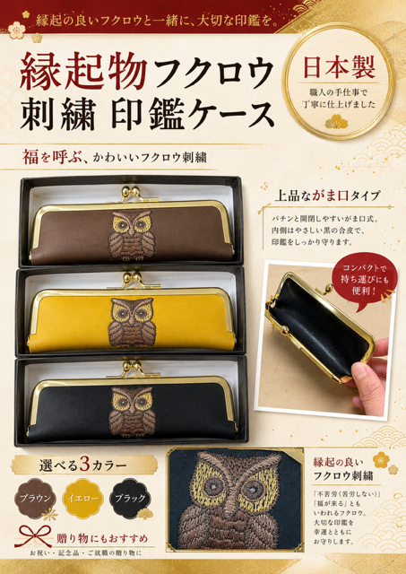 64個のみ！縁起物！BOX入！日本製・ふくろう刺繍入上質印鑑ケースRS-61