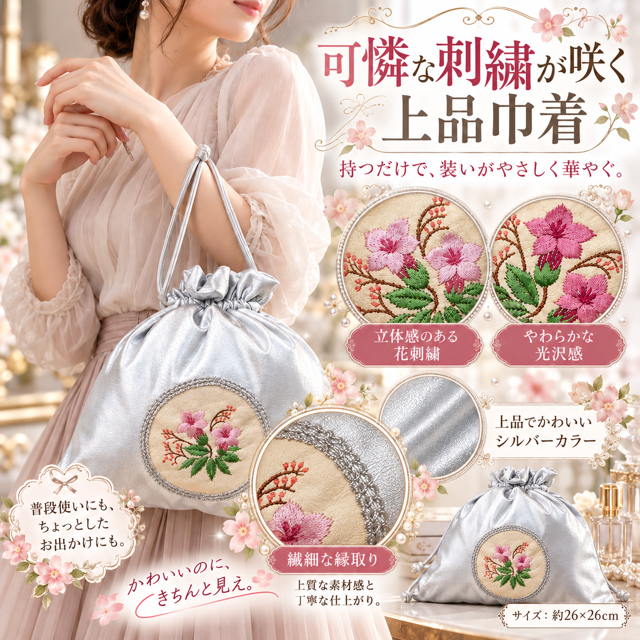 34個のみ★日本製お花刺繍巾着（ふっくらとした厚みのある生地です。）RS-94