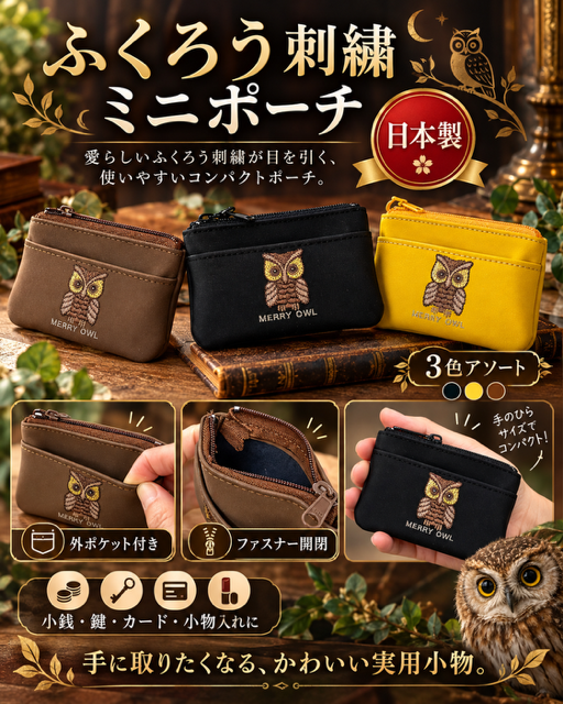100個のみ★丁度いいサイズ感　ふくろう刺繍ミニポーチRS-115