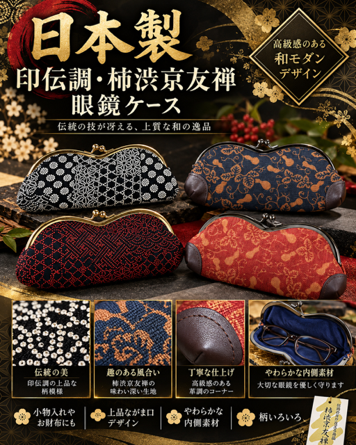 60個のみ★柿渋京友禅＆印伝調めがねケースRS-119