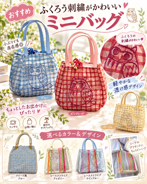 45個のみ★京都老舗会社より仕入れ　ふくろう刺繍ミニバッグ他7個いろいろRS-101