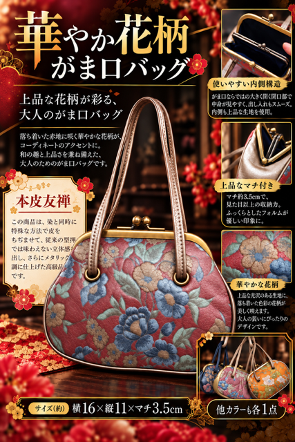 26個のみ★本革友禅　花柄がま口バッグRS-135